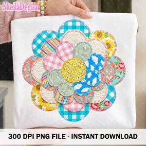 May include: A white fabric with a large, colorful floral design made of various patterned circles. The circles feature gingham, floral, and cloud patterns. The text "300 DPI PNG FILE - INSTANT DOWNLOAD" is at the bottom.