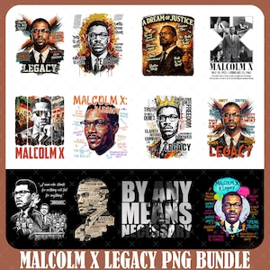 Puede incluir: Un conjunto de arte digital con retratos de Malcolm X con citas y la palabra "Legacy". Las imágenes están en varios estilos, incluyendo retratos y diseños gráficos. La paleta de colores incluye rojo, negro, blanco y dorado.