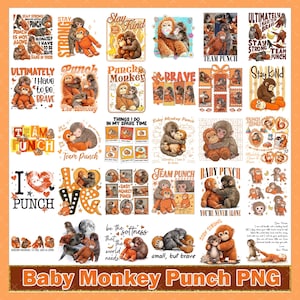 May include: A collection of digital art featuring cartoon monkeys in various poses. The designs include phrases like "Stay Strong," "Team Punch," and "Baby Monkey Punch." The color palette is warm, with oranges and browns.