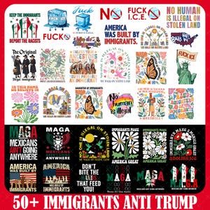 Puede incluir: Una colección de diseños gráficos con declaraciones políticas. Los diseños presentan textos como "América fue construida por inmigrantes", "Ningún ser humano es ilegal" y "Abolir ICE". La paleta de colores incluye rojo, blanco, negro y verde.