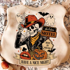 Spooky Western Skeleton Collage PNG, Halloween Cowboy Sublimation Design, Pumpkin Ghost Clipart, Vintage Motel Png, Trendy Halloween Png