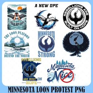 Può includere: Una collezione di grafiche con immagini di strolaghe, con testi come "Rebellions are Built on Hope", "Minnesota Strong" e "Minnesota Nice". I disegni sono in tonalità di blu, nero e bianco, alcuni incorporano la forma del Minnesota.