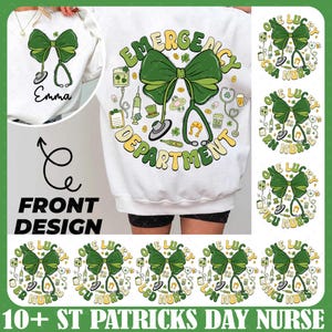 Puede incluir: Una sudadera blanca con un diseño de trébol verde y estetoscopio. El texto "Emergency Department" está escrito en un círculo alrededor del diseño. La sudadera tiene un lazo verde con un estetoscopio en la parte delantera. Hay varios círculos más pequeños con el texto "One Lucky ER Nurse", "One Lucky ICU Nurse", "One Lucky LPN Nurse", "One Lucky CNA Nurse" y "One Lucky RN Nurse".