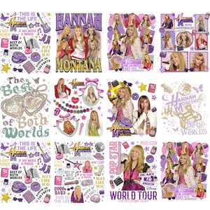 May include: A collage of Hannah Montana-themed graphics and images. The design includes text such as "Hannah Montana," "Best of Both Worlds," and "World Tour." The images feature Miley Cyrus, along with various decorative elements like stars, hearts, and musical instruments.