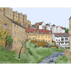 Impressão a partir do desenho original a tinta com lavagem colorida, da MFH. Olhando para baixo da Água de Leith em Dean Village, Edimburgo