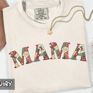 Comfort Colors Christmas Mama Shirt, Grandmillennial Faux Patchwork Holiday Tshirt, Gift For Mom, Mama Xmas Tee, Retro Mom Shirt