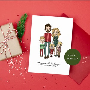 Custom family portrait holiday card, custom illustration, Digital download, Holiday family portrait printable, 5x7 portrait, 7x5 portrait