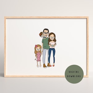Custom family portrait, Hand illustrated portrait, Digital download, Cartoon caricature, Unique gift, Gift for mom, Gift for friend