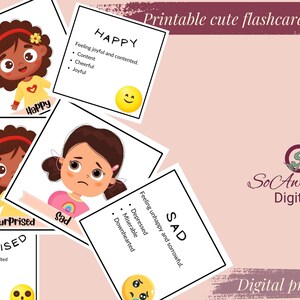 Op de afbeelding: Printbare flashcards met vier verschillende emoties: blij, verrast, verdrietig en boos. Elke kaart heeft een cartoonillustratie van een meisje met een bijbehorende gezichtsuitdrukking en een lijst met woorden die de emotie beschrijven.