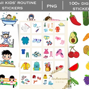 Puede incluir: Una colección de pegatinas digitales de estilo Kawaii para las rutinas de los niños. Las pegatinas incluyen imágenes de niños, ropa, comida y otros objetos. El texto de la imagen dice "KAWAII KIDS' ROUTINE STICKERS" y "100+ DIGITAL STICKERS".