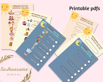 May include: Printable checklists for children with illustrations of a sun, moon, and children. The checklists are for morning, afternoon, and evening routines. The text on the checklists says "Morning Routine Checklist for Kids", "Afternoon Routine Checklist for Kids", and "Evening Routine Checklist for Kids".