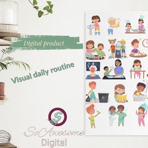 May include: A colorful visual daily routine chart with illustrations of children performing various activities, such as washing hands, brushing teeth, reading a book, and playing with a dog. The chart includes the text "Visual daily routine".