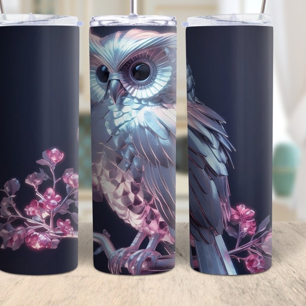 3D Silver Owl Tumbler Wrap Bundle, Holographic Sublimation Design for 20 and 30 Ounce Tumblers - PNG Digital Download