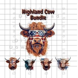 Highland Cow Png, Patriotic Sublimation Bundle, Digital Download designs