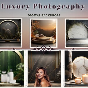 May include: A collection of digital backdrops for photography featuring various scenes with a luxurious aesthetic. The backdrops include a marble and gold archway, a green and gold archway, a marble and gold platform, a green and gold platform, a marble and gold wall, and a green and gold wall. The backdrops are perfect for product photography, portrait photography, and more.