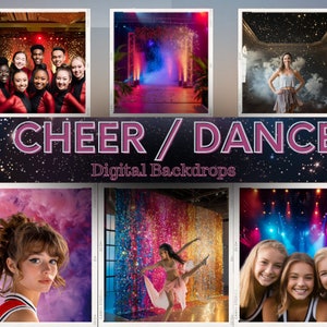 Puede incluir: Un collage de fondos digitales para porristas y danza. La imagen presenta varias escenas, incluyendo un grupo de animadoras, una bailarina y coloridos fondos de escenario con efectos de iluminación. El texto dice "CHEER / DANCE Digital Backdrops."