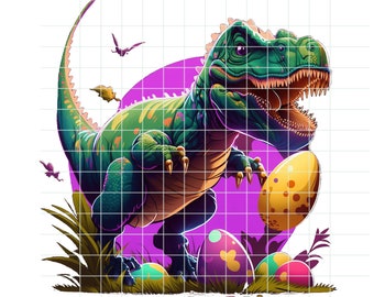 May include: A green dinosaur with a purple background and colorful Easter eggs. The dinosaur is holding a yellow egg with brown spots.