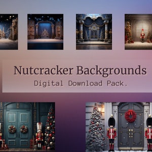 Könnte beinhalten: Ein digitales Download-Paket mit fünf Hintergrundbildern zum Thema Nussknacker. Die Hintergründe zeigen ein verschneites Schloss, eine Bühne mit einem Schloss als Hintergrund, einen großen Ballsaal, einen Weihnachtsbaum mit einem Nussknacker-Soldaten und eine Tür mit einem Kranz und zwei Nussknacker-Soldaten.