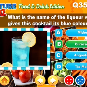 May include: A blue cocktail with a lemon wedge garnish. The question "What is the name of the liqueur which gives this cocktail its blue color?" is displayed above the image. The answer choices are: A) Midori, B) Curacao, C) Angostura, D) Tia Maria.