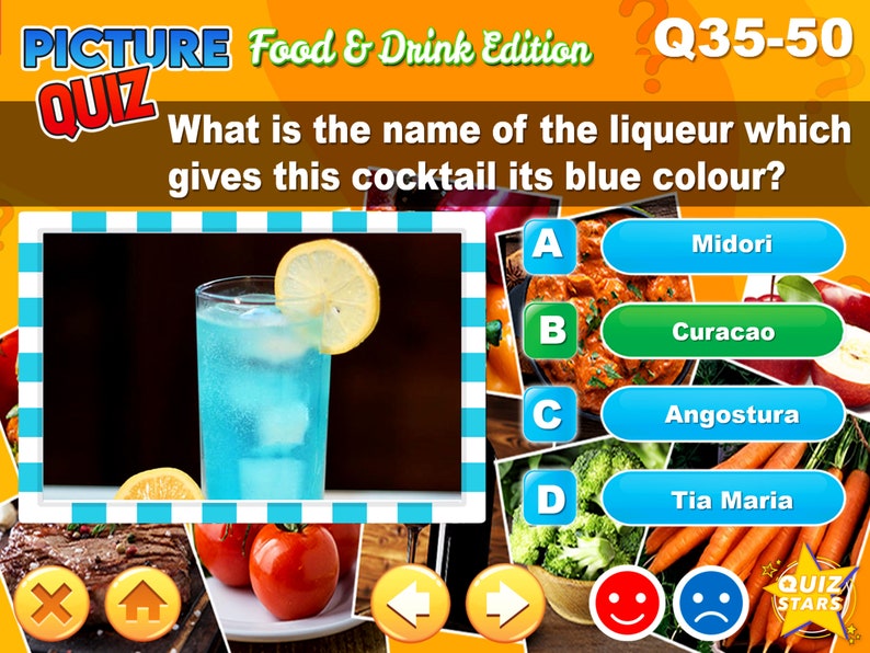 May include: A blue cocktail with a lemon wedge garnish. The question "What is the name of the liqueur which gives this cocktail its blue color?" is displayed above the image. The answer choices are: A) Midori, B) Curacao, C) Angostura, D) Tia Maria.