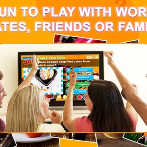 May include: Three people are playing a food and drink themed picture quiz game on a television screen. The question asks what type of deep-fried cakes are shown in the image. The answer choices are churros, shortbread, doughnuts, and pavlov.