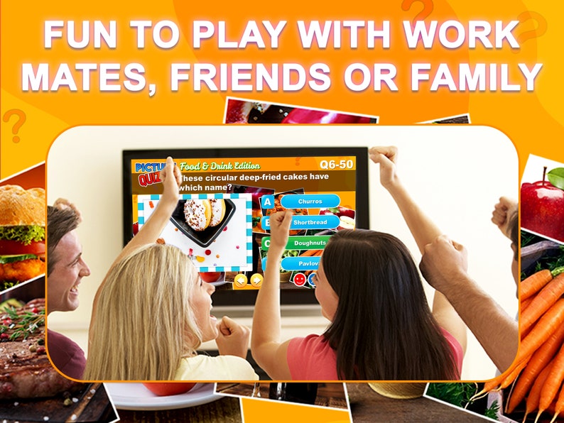 May include: Three people are playing a food and drink themed picture quiz game on a television screen. The question asks what type of deep-fried cakes are shown in the image. The answer choices are churros, shortbread, doughnuts, and pavlov.