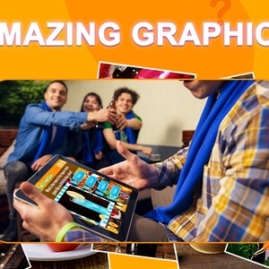 May include: A person uses a tablet to play a game called "Guess the Drink!" The game features a colorful interface with images of different drinks. The tablet is surrounded by images of food and drinks, including a burger, steak, carrots, and apples.