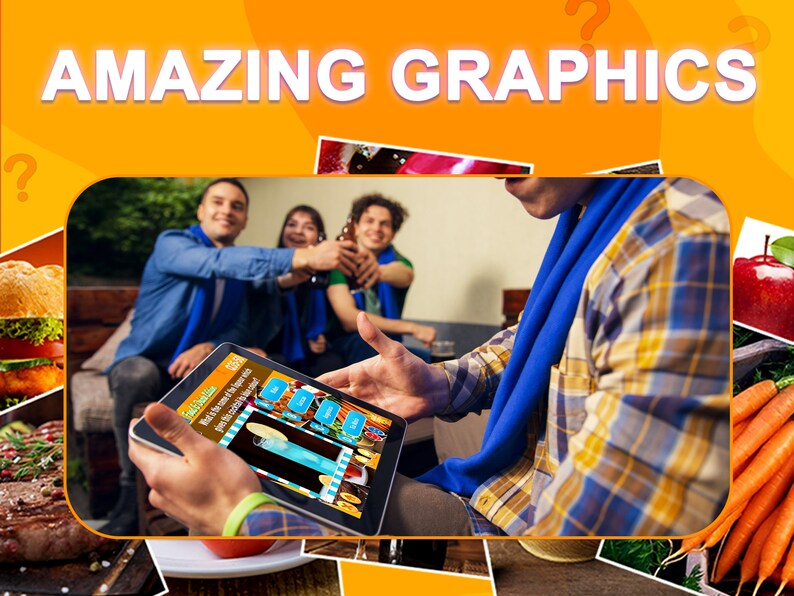 May include: A person uses a tablet to play a game called "Guess the Drink!" The game features a colorful interface with images of different drinks. The tablet is surrounded by images of food and drinks, including a burger, steak, carrots, and apples.