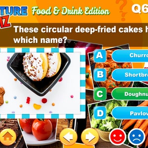 May include: A picture quiz question asking what the name is for circular deep-fried cakes. The image shows two donuts with white frosting and chocolate sprinkles on a black plate. The plate is on a white surface with colorful sprinkles and gummy candies.