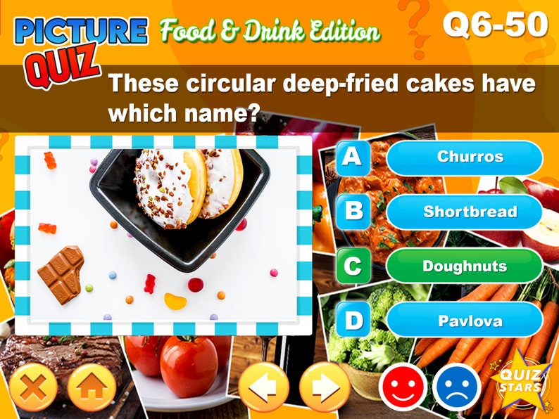 May include: A picture quiz question asking what the name is for circular deep-fried cakes. The image shows two donuts with white frosting and chocolate sprinkles on a black plate. The plate is on a white surface with colorful sprinkles and gummy candies.