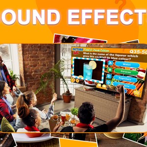May include: A group of people are watching a television screen with a trivia game show. The question asks "What is the name of the liqueur which gives this cocktail its blue color?" The answer choices are Midori, Curacao, Angostura, and Varia.