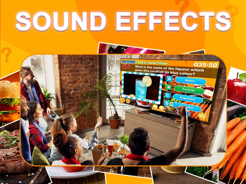 May include: A group of people are watching a television screen with a trivia game show. The question asks "What is the name of the liqueur which gives this cocktail its blue color?" The answer choices are Midori, Curacao, Angostura, and Varia.