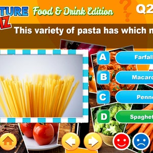 May include: A close-up image of a bundle of long, thin, yellow spaghetti pasta. The image is part of a food and drink picture quiz game. The question asks: "This variety of pasta has which name?" The answer choices are: A) Farfalle, B) Macaroni, C) Penne, and D) Spaghetti.