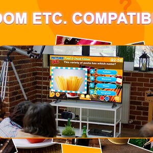 May include: A television screen displaying a food and drink edition of a picture quiz game. The question asks "This variety of pasta has which name?" with four multiple choice answers: A) Farfalle, B) Macaroni, C) Penne, D) Spaghetti. The correct answer is highlighted in blue.