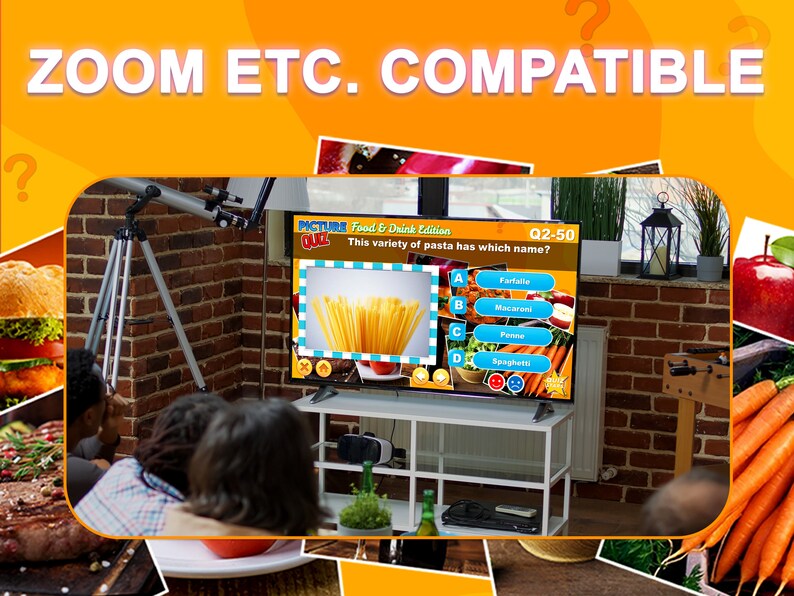 May include: A television screen displaying a food and drink edition of a picture quiz game. The question asks "This variety of pasta has which name?" with four multiple choice answers: A) Farfalle, B) Macaroni, C) Penne, D) Spaghetti. The correct answer is highlighted in blue.