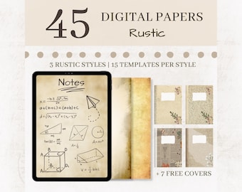 May include: A digital download of 45 rustic digital papers. The papers feature three different styles with 15 templates per style. The preview image shows a digital paper with a handwritten note section and math equations. The papers are perfect for scrapbooking, digital planners, and other creative projects.