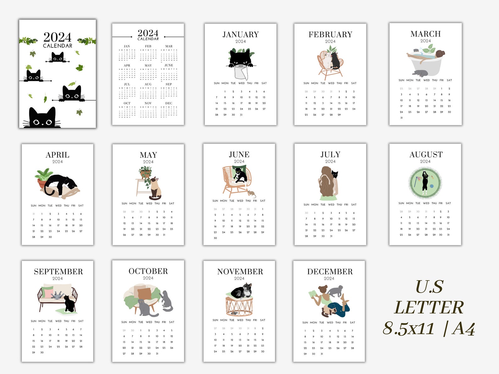 Life With Cats Printable Calendar 2024 Cat Lovers Instant Download Cat ...