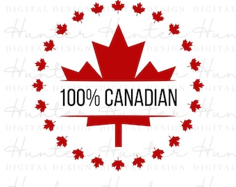 May include: A red maple leaf with a white banner that says "100% CANADIAN". The leaf is surrounded by a circle of smaller red maple leaves.