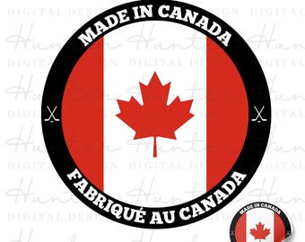 May include: A black and white circle with the text "Made in Canada" and "Fabriqué au Canada" in white. The circle contains a red and white Canadian flag with a maple leaf in the center. Two crossed hockey sticks are in the lower right corner of the circle.