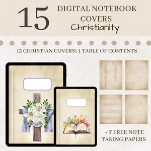 May include: A digital notebook cover set with 15 Christian themed designs. The cover features a cross with white lilies and a blue ribbon. The text "15 CHRISTIAN COVERS | 1 TABLE OF CONTENTS + 7 FREE NOTE TAKING PAPERS" is displayed on the image.