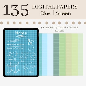 Könnte beinhalten: Ein digitales Papierpaket mit 135 blauen und grünen Mustern. Das Paket enthält 9 Farben und 15 Vorlagen pro Farbe. Das Bild zeigt ein digitales Tablet mit einem blauen Bildschirm und weißen Notizen darauf.