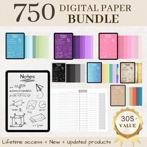 May include: A digital paper bundle with 750 different designs. The bundle includes a variety of colors, patterns, and textures. The bundle also includes a variety of digital papers with different layouts, including lined paper, grid paper, and blank paper. The bundle is valued at over $30.