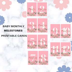 TÉLÉCHARGEMENT NUMÉRIQUE • Cartes d’étape mensuelles Fleurs roses • Cartes de jalon mensuelles imprimables • Cadeau babyshower • Cartes de jalon 1-12 mois
