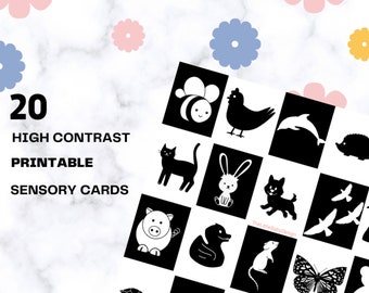 20 High Contrast Animal Baby Cards: Montessori Sensory Stimulation (Digital Download)