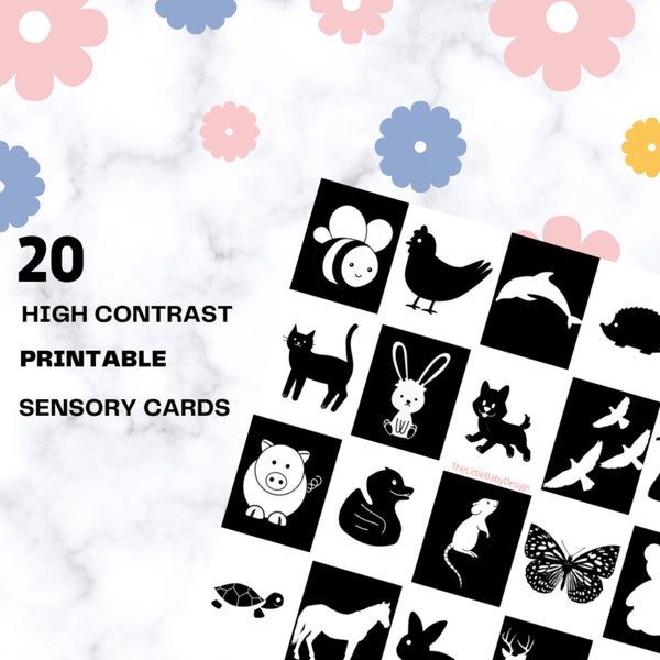 20 High Contrast Baby Cards Bundle - Printable Montessori Black and White Sensory Cards for Infant Stimulation Animals - DIGITAL DOWNLOAD