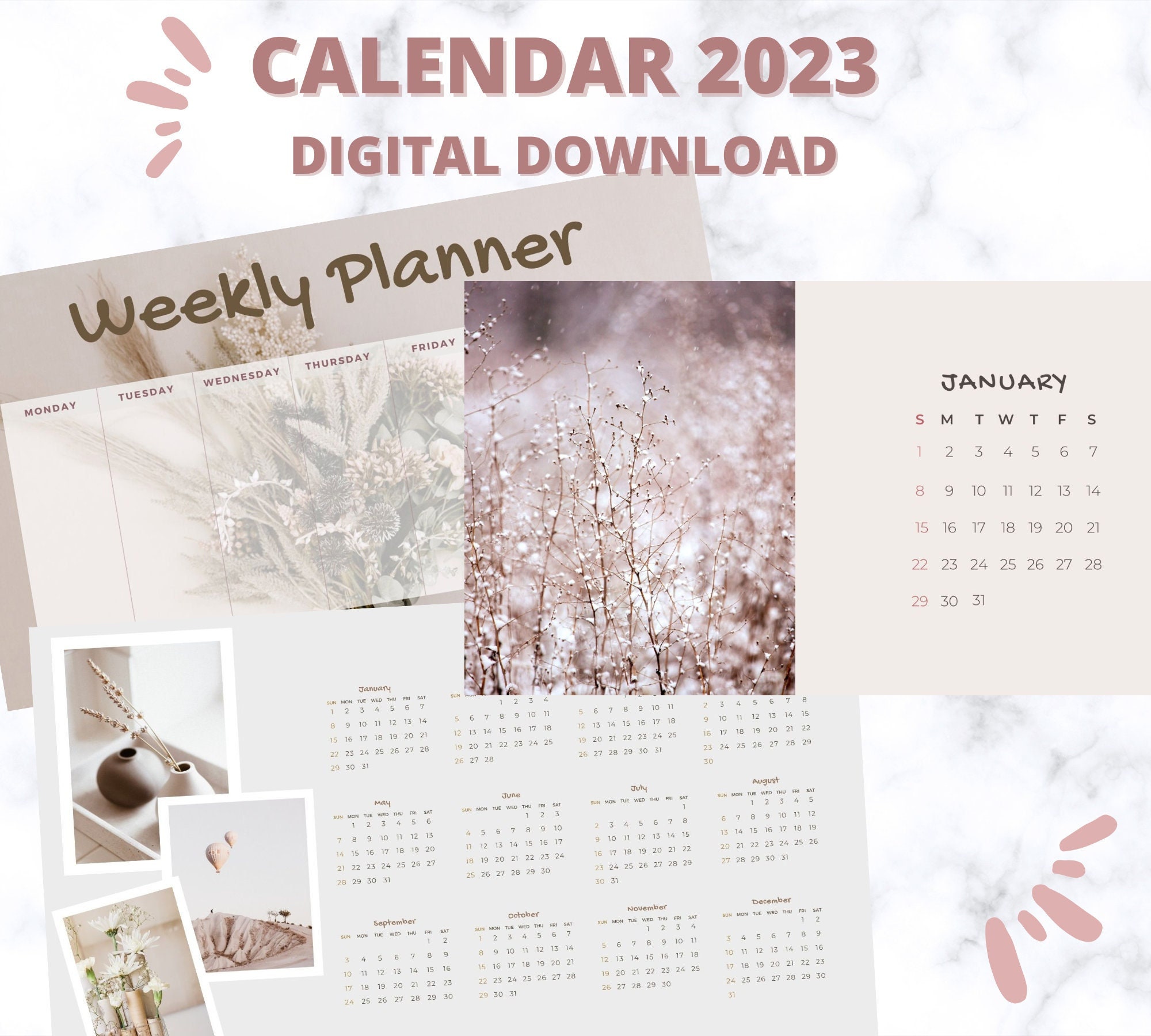 Neutral Printable Calendar 2023 Digital Download Landscape - Etsy