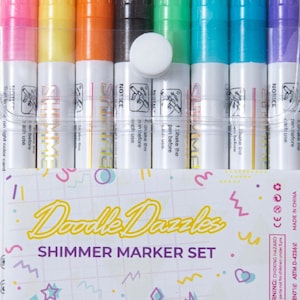 DoodleDazzles Shimmer Markers - Set of 8 Double Line Outliner Markers - Metallic Pens - For Art, Drawing, Writing, Cards, Scrapbook, Crafts