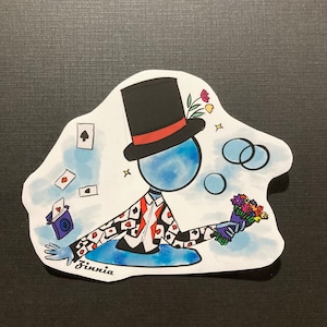 May include: A blue and white cartoon character wearing a black top hat with a red band, a red and white patterned shirt, and holding a bouquet of flowers. The character is surrounded by playing cards and bubbles. The image is signed "Finnia".