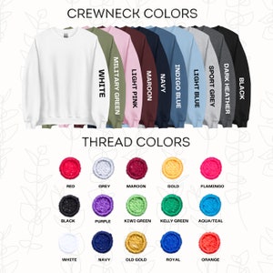 May include: A chart showing different crewneck sweatshirt colors and thread colors. The crewneck colors are: white, military green, light pink, maroon, navy, indigo blue, light blue, sport grey, and dark heather. The thread colors are: red, grey, maroon, gold, flamingo, black, purple, kiwi green, kelly green, aqua/teal, white, navy, old gold, royal, and orange.
