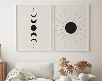 Sun and Moon Wall Art Set of 2 Prints, Phases of the Moon wall art, Phases of Moon, Moon Phase Wall Hanging, Celestial Decor, Sun Wall art